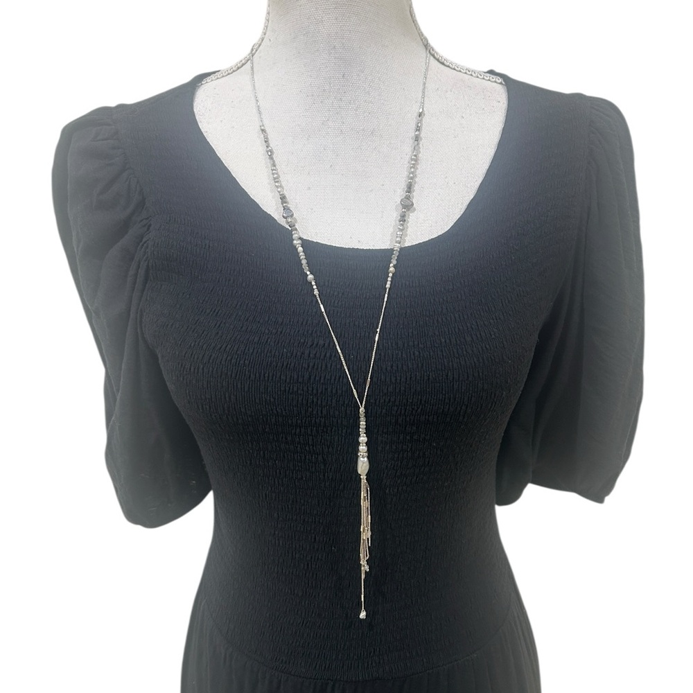 Artisan made delicate Silver tone pearl Beaded Tassel Long Necklace 20 inch